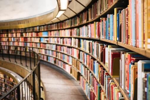 Book shelves in a library